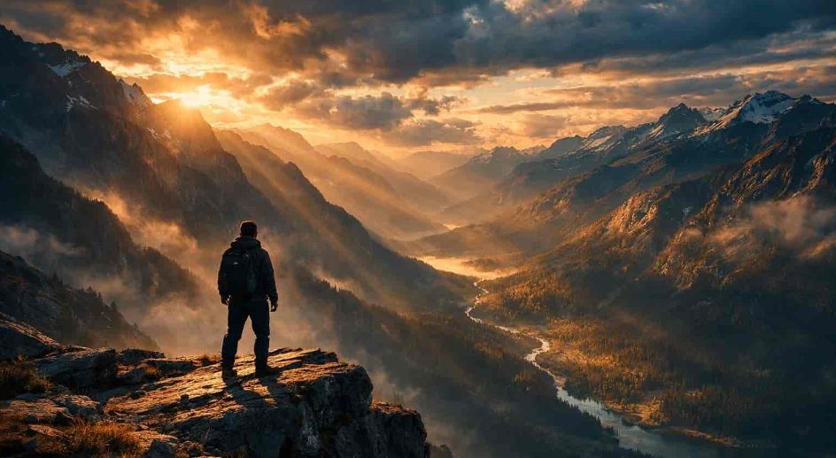 Hombre sobre un monte viendo el atardecer